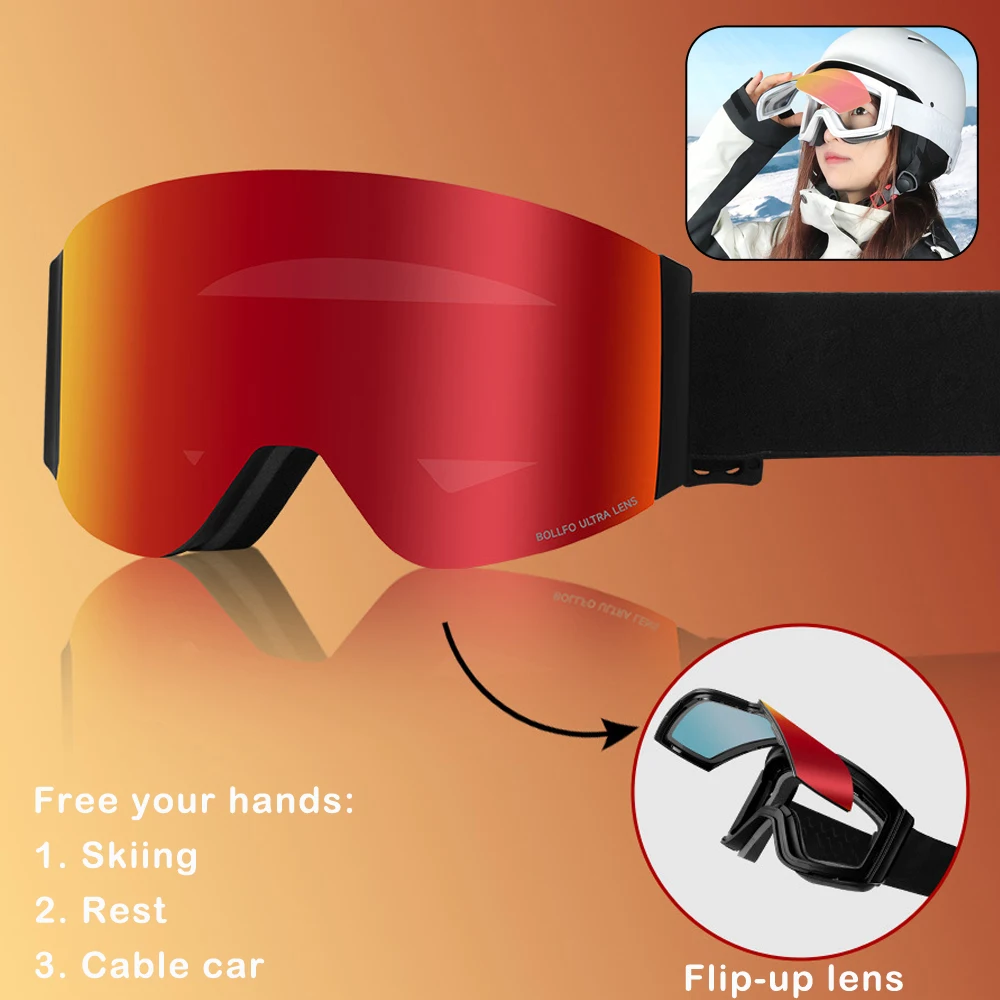 

BOLLFO Magnetic Ski Glasses Discoloration Goggles Anti-Fog UV400 Flip-Up Lens Detachable Sponge Snow Lunette Ski Men Equipment