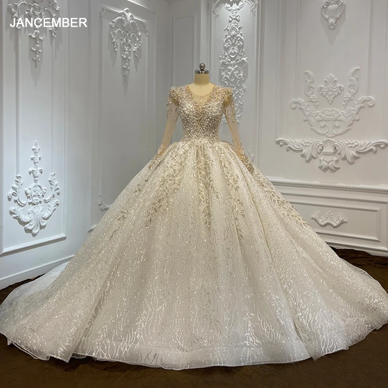 Jancember First-rate Brand New Wedding Dress 2024 Organza Full Sleeves Beading Lace Up Pleat Backless vestito da sposa LSCJ04