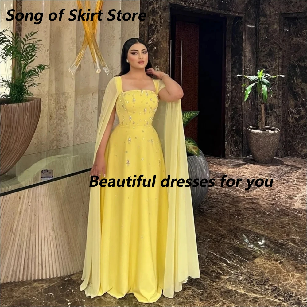 

Elegant Yellow Evening Dress Floor Length A Line Chiffon Crystal Square Neck Luxurious Women's Evening Gowns Formal Party Dress
