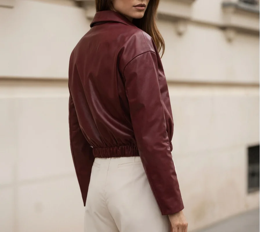 

Women's Jacket 2026 New Spring Autumn Solid Color Retro PU Leather Turn-Down Collar Pocket Design Long Sleeve Crop Zipper Jacket