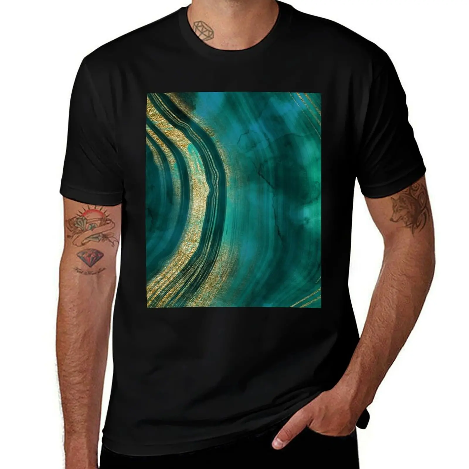 Gold Veined Green Luxury Faux Marble T-Shirt Quick Dry Outdoor Sports T-Shirt
