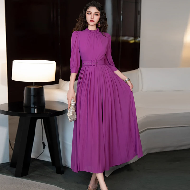 

ZJYT Designer Summer Pleated Long Maxi Dress Women Elegant Three Quarter Sleeve Solid Party Dresses Europe Style Female Clothes