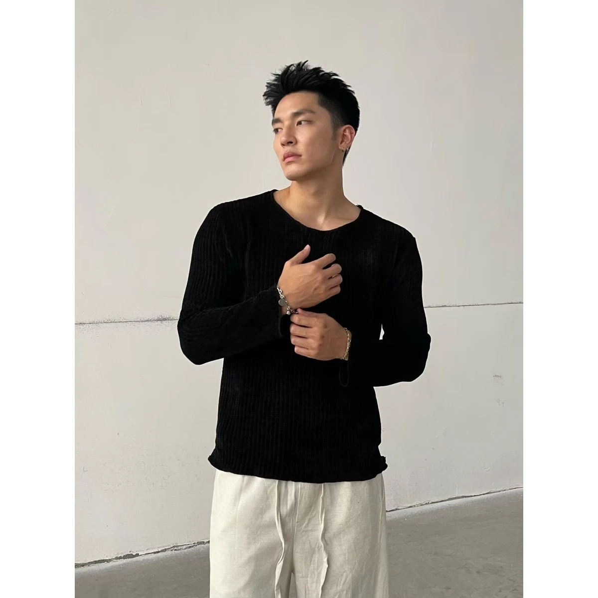 

Men's Long Sve Knitted Sweater round Ne Base Layer Slim Fit Autumn Winter High End Faionable Polyester Fiber