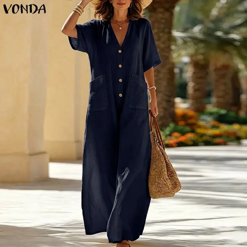 Plus Size VONDA 2026 Women Jumpsuits Solid Vintage Overalls Casual Loose Big Pockets Buttons V Neck Party Playsuits Oversized
