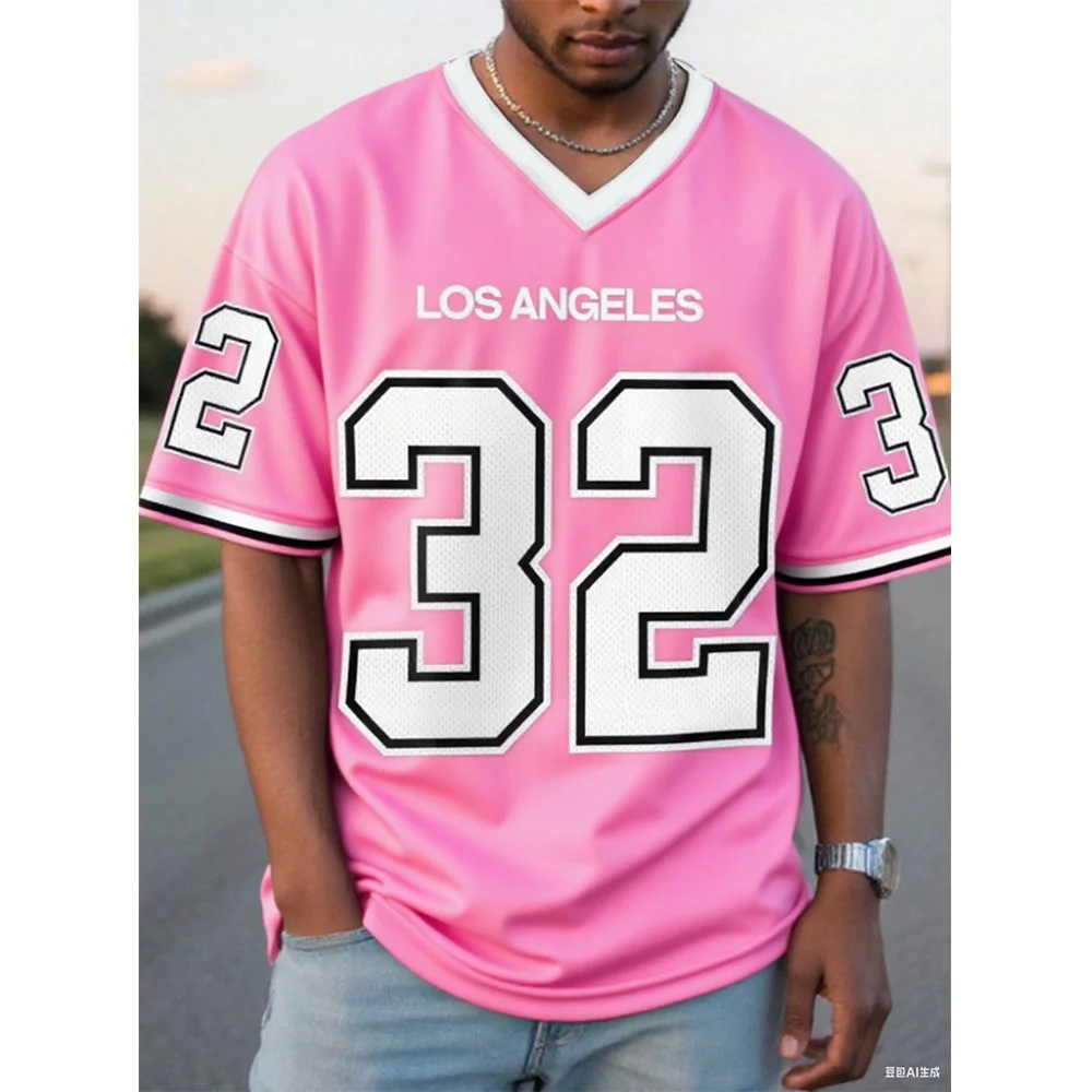 2026 Men's Los Angeles 32 Print V-neck Short Sleeved T-shirt With Summer Pattern Baseball Jersey Plus Size Men's Casual T-shirt