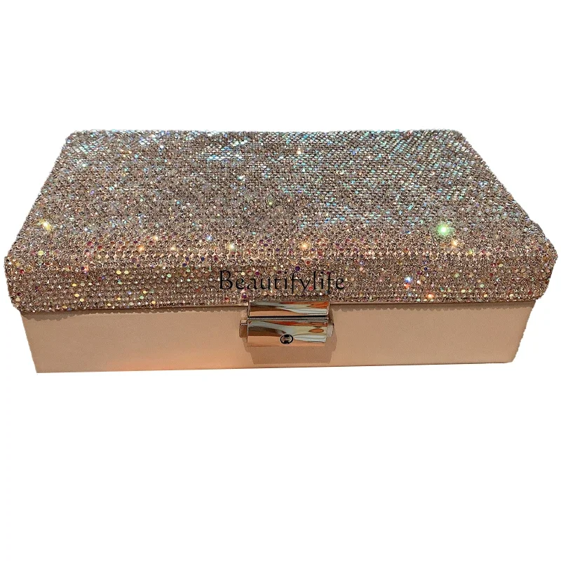 Luxury large-capacity jewelry box with lock diamond-encrusted portable jewelry storage box exquisite gifts