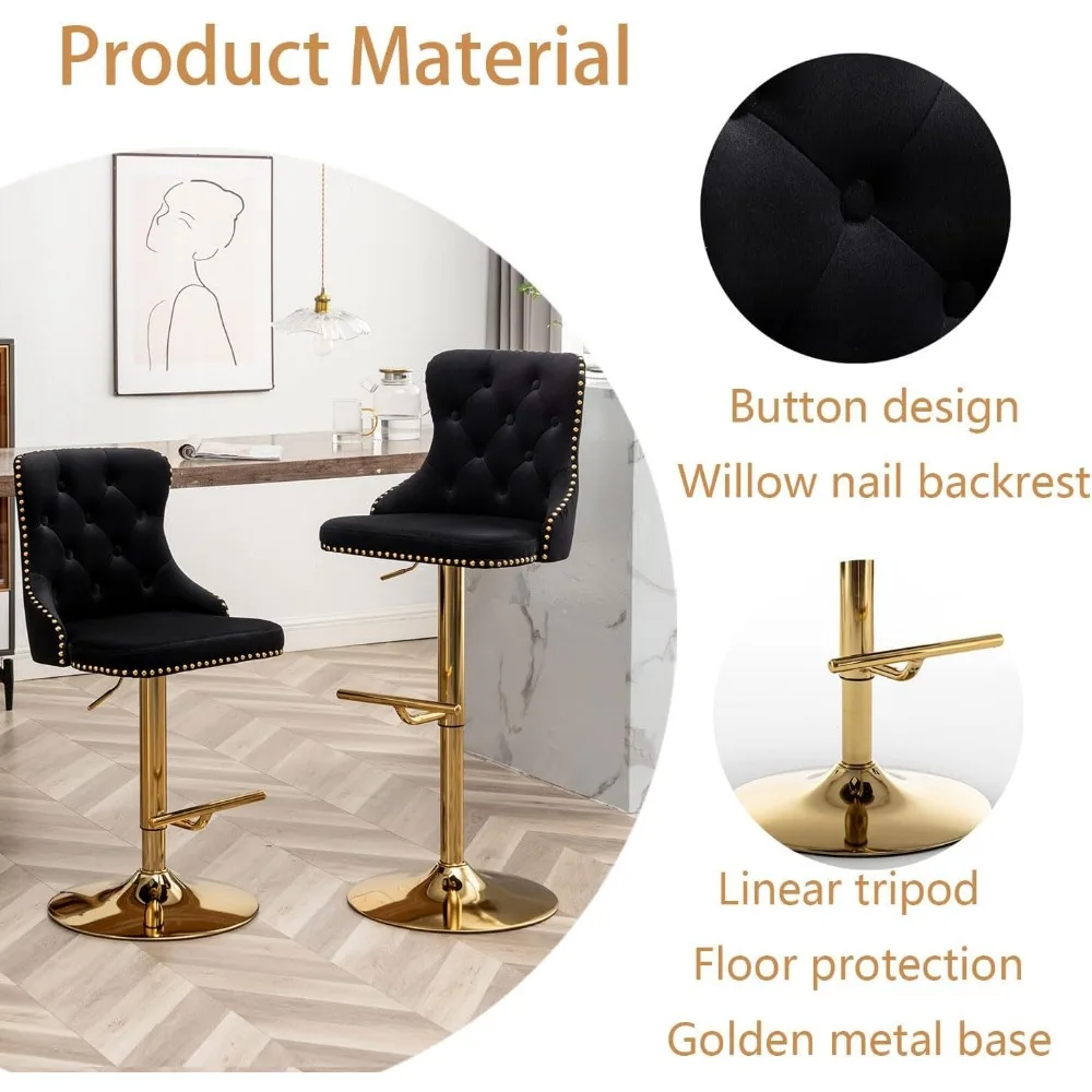 Ensemble de 2 tabourets de bar pivotants en velours doré, hauteur de comptoir avec bouton et garniture de têtes de clous, chaises d'îlot de cuisine