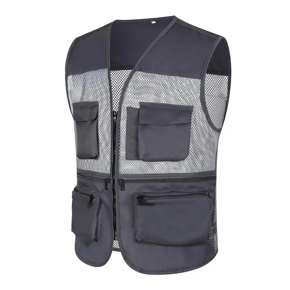 

Mens Outdoor Mesh Fishing Sleeveless Mesh Waistcoat Multi Pockets V-nack Casual Vest Workwear Patchwork Zip Up Male Vest Coats