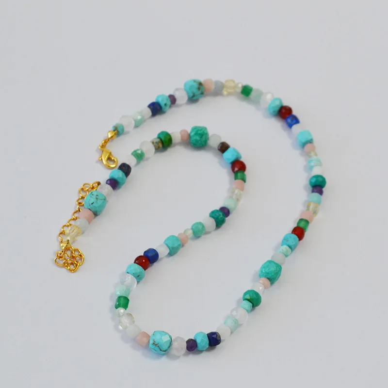 

European and American New Niche Design Fresh Blue Faceted Real Stone Handmade Beaded Autumn Winter Necklace Clavicle Chain Women
