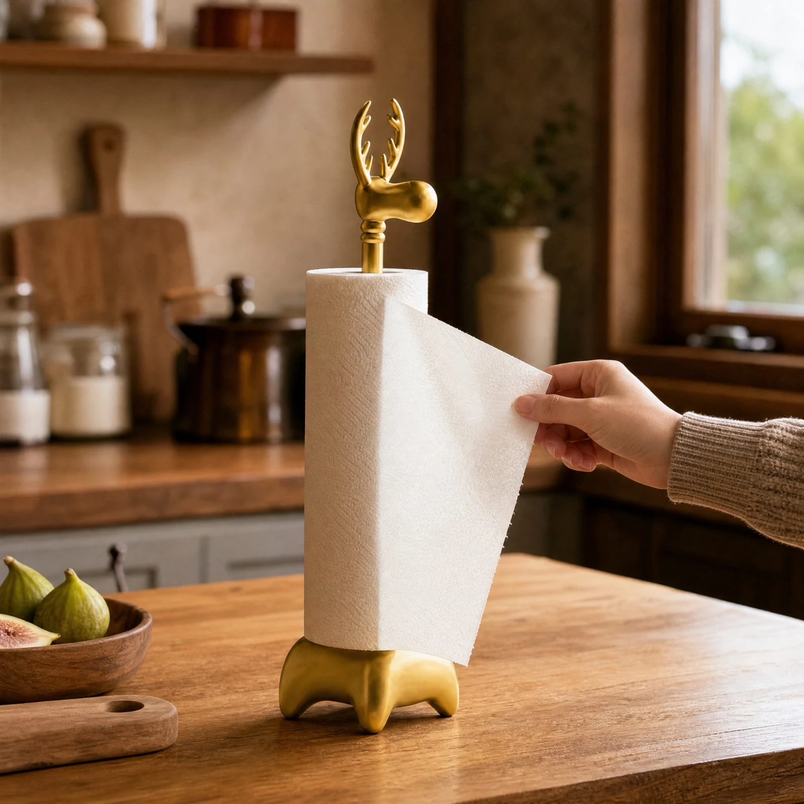 Brass Paper Towel Holder with Deer-Head Finial Gold-Tone Decorative Deer-Head Paper Towel Stand Luxurious Unique