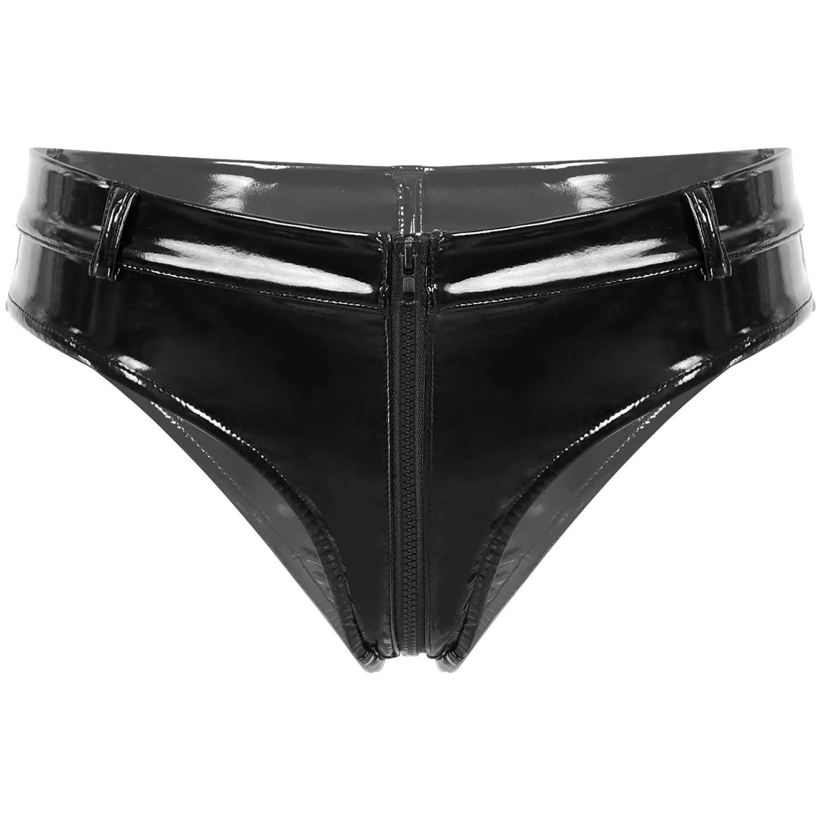 Womens Lingerie Zipper Open Crotch Booty Shorts Wet Look Patent Leather Briefs Panties Low Waist Hot Pants Rave Party Clubwear