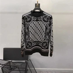 Europe and the United States men's 2023 winter new Long sleeve crew neck vintage print Fashionable velvet hoodie