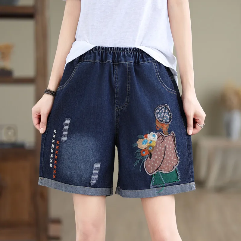 Japanese Sweet Mori Girl Vintage Cartoon Flower Embroidery Denim Shorts Women Summer Elastic Waist Casual Loose Jeans Shorts