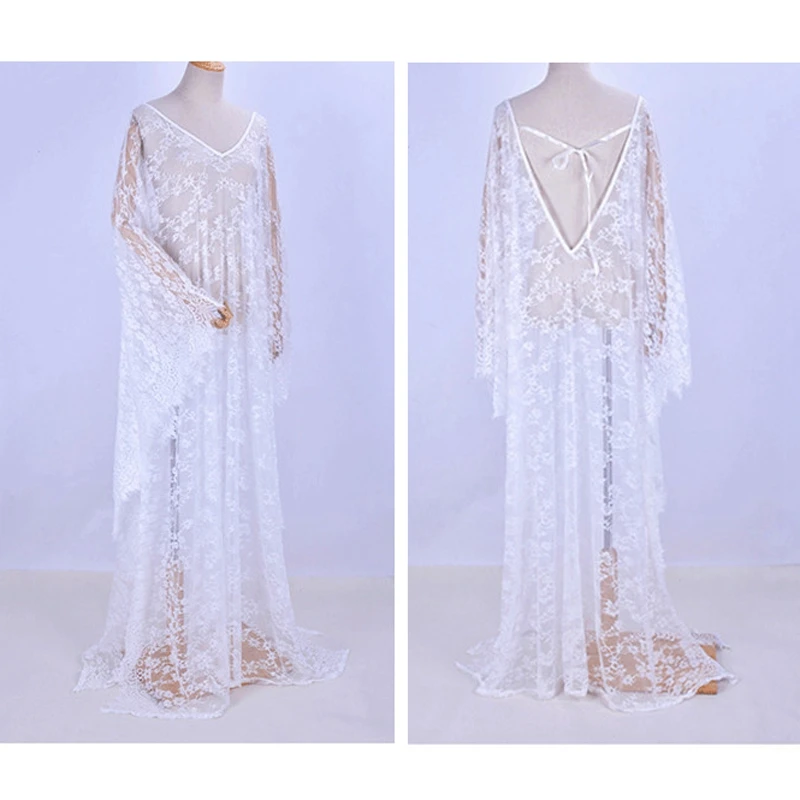 White Lace Sheer Kaftan For Women Elegant Feminine Caftan Fairy Maxi Dress Soft Translucent Swimsuit Cover-Up Seaside Robe Boho