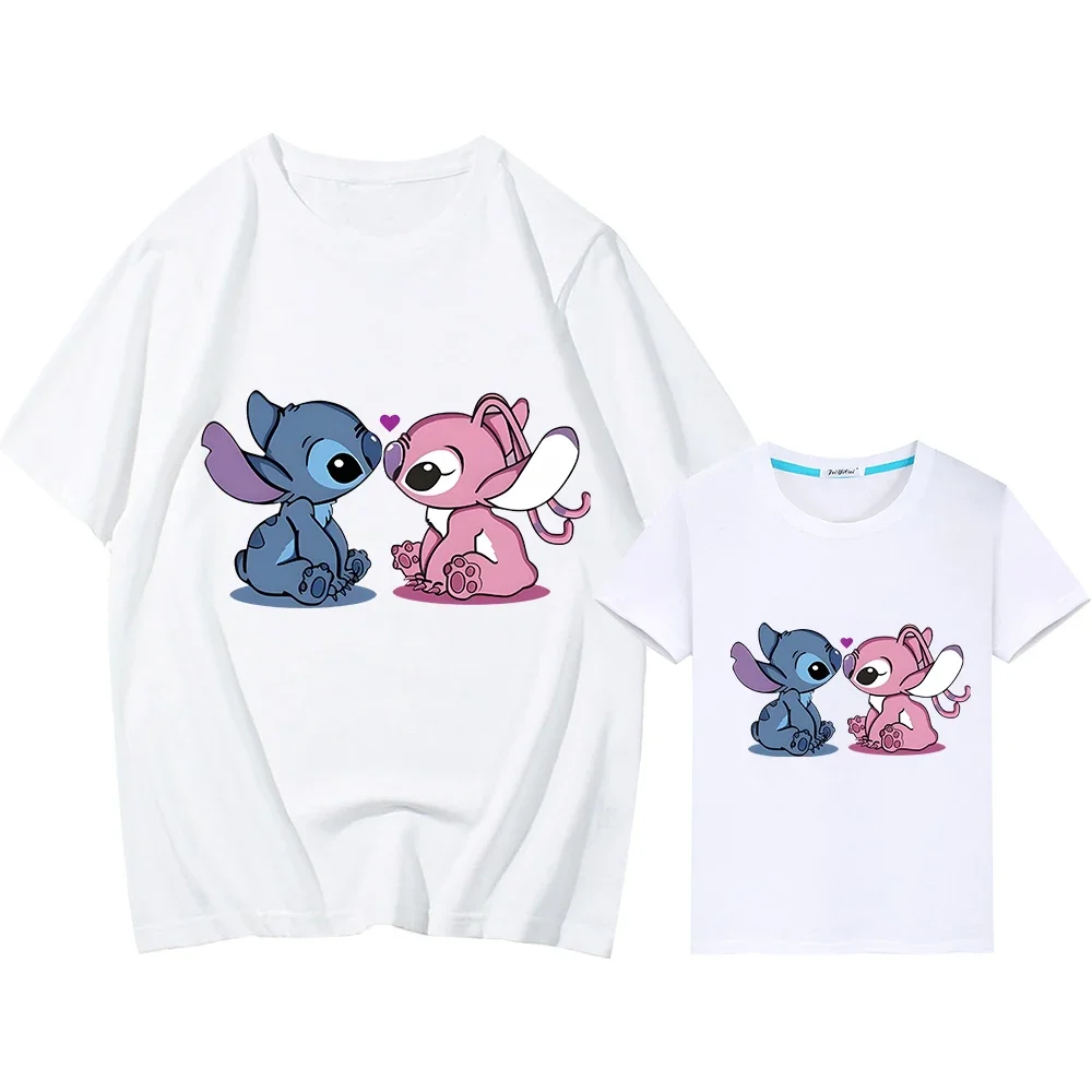 Stitch Disney mom and daughter matching clothes Men women Kawaii Short Print 100%Cotton t shirt for kids boy girl anime Tops y2k