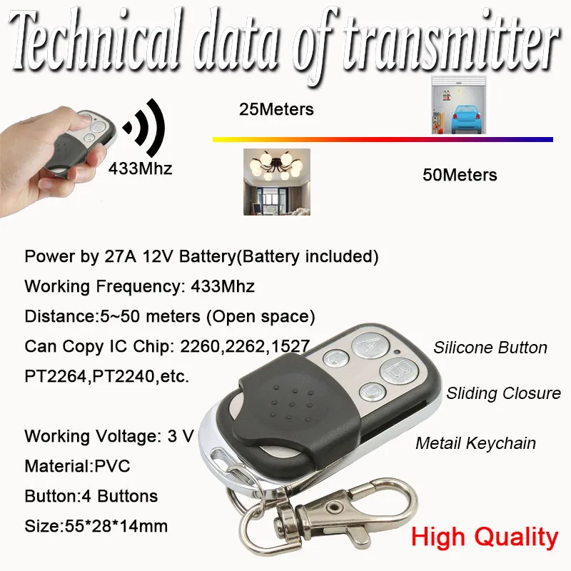 Wenqia 433Mhz Rf Universal Copy Clone Transmitter Wireless Remote Control 4 buttons Keyfob Duplicator for Garage Door Car CAME