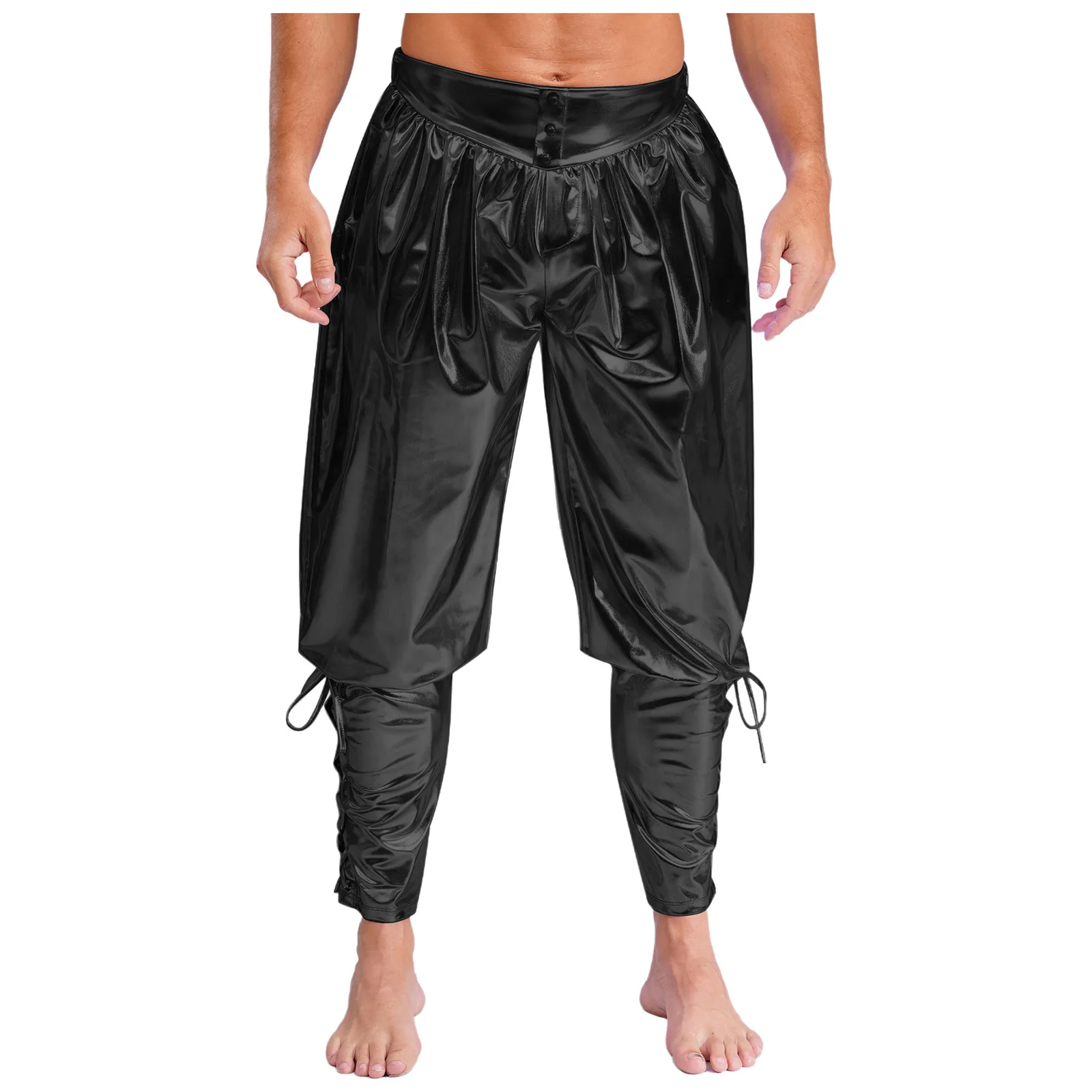 Men Medieval Renaissance Viking Pirate Pants Metallic Ankle Banded Trousers for Halloween Cosplay Party Performance Costume
