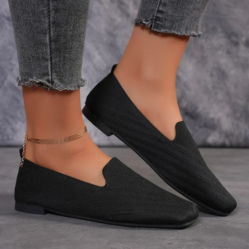 2024 Solid Color Square Toe Mesh Loafers Shallow Women Flats Shoes Soft Bottom Knit Ballet Flats Shoes Casual Slip on Shoes