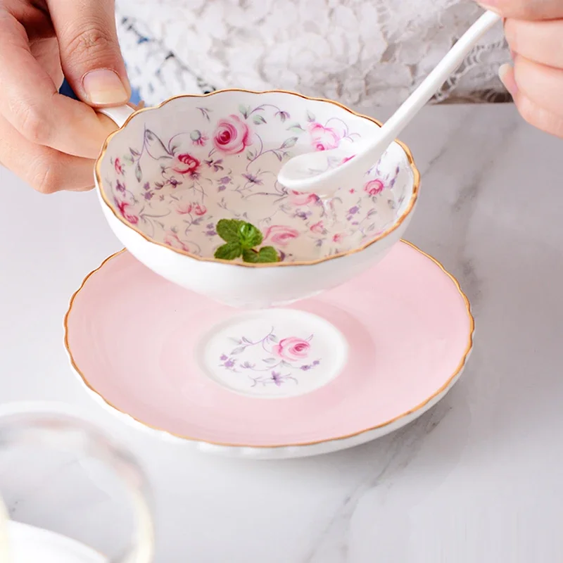 

European Creative Bone Porcelain Coffee Cup Set Household Ceramic English Tea Set Afternoon Flower Tea Cup 1 Cup 1 Plate 1 Spoon