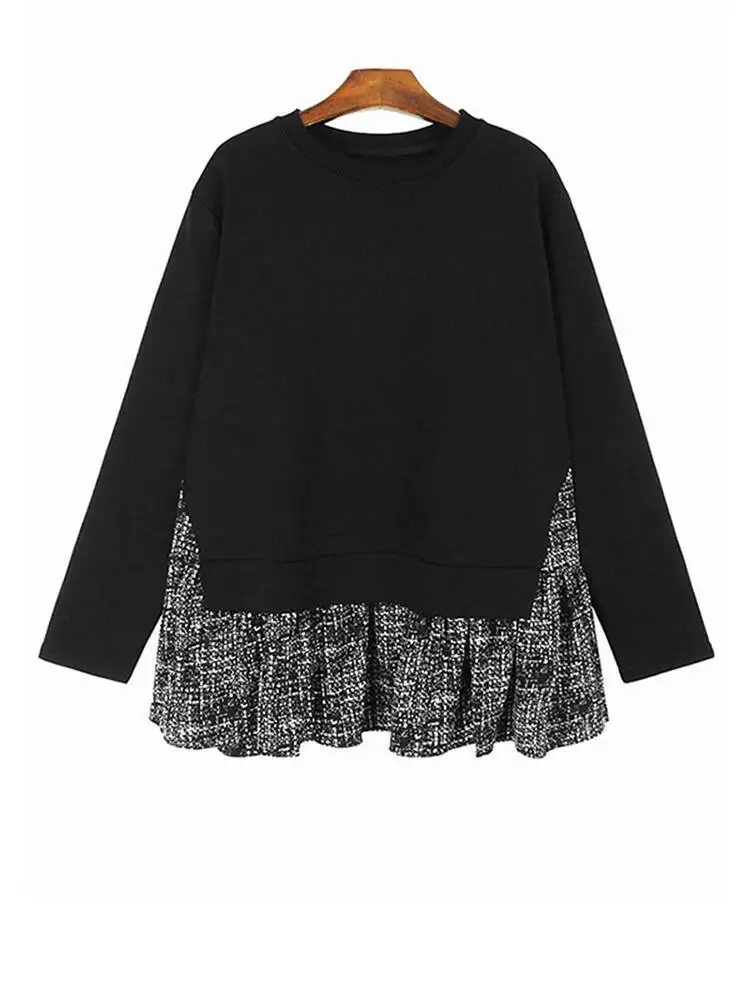 เสื้อสเวตเชิ้ตลำลองสีดำ แต่งระบายชายเสื้อ คอทรงกลม แขนยาว ไซส์ใหญ่สำหรับผู้หญิง แฟชั่นอินเทรนด์ ฤดูใบไม้ผลิ ฤดูใบไม้ร่วง
