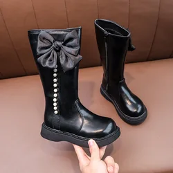 Girls Shoes Children's Mid Calf Boots Fashion Bow Pearl Princess Long Boots Zip Chunky Soft Leather Kids Shoes Round Toe Ботинки