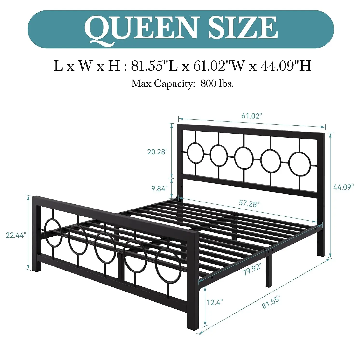 Queen Metal Platform Bed with Vintage Circular Headboard & Footboard, Under-Bed Storage, No Box Spring Needed, Black, Customized