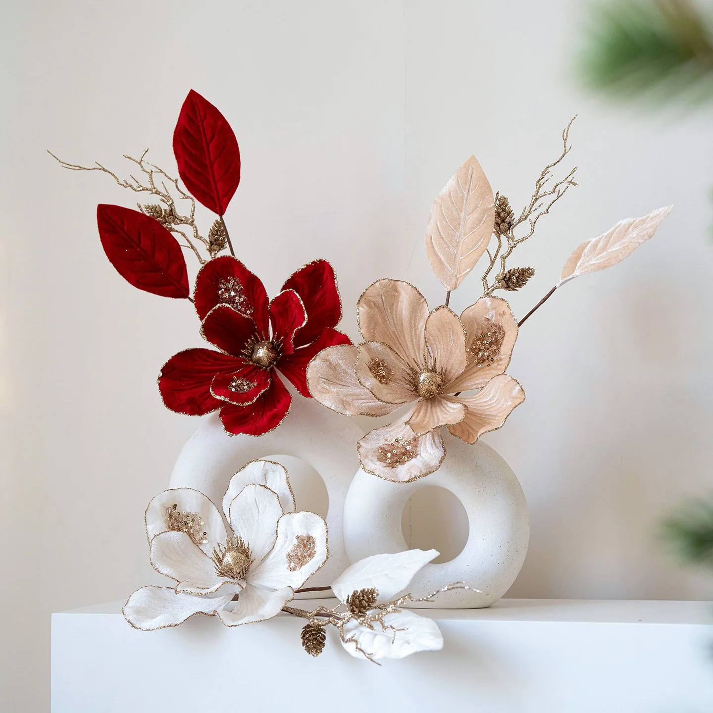 

Glitter Artificial Christmas Flower Flocking DIY Christmas Poinsettia Red Gold Realistic Xmas Decorative Flowers New Year Gifts