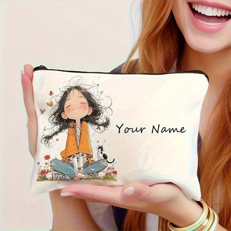 Chic Custom Name Unique Vintage Cute Floral Makeup Bags for Girls Cosmetic Pouch Toiletry Bag Pencil Case Travel Storage Handbag