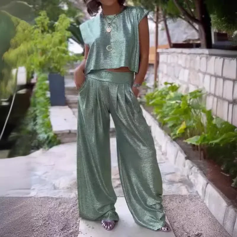 

Summer New Women's Clothing Women's Casual Glossy Vest Wide Leg Pants Two-piece Set
