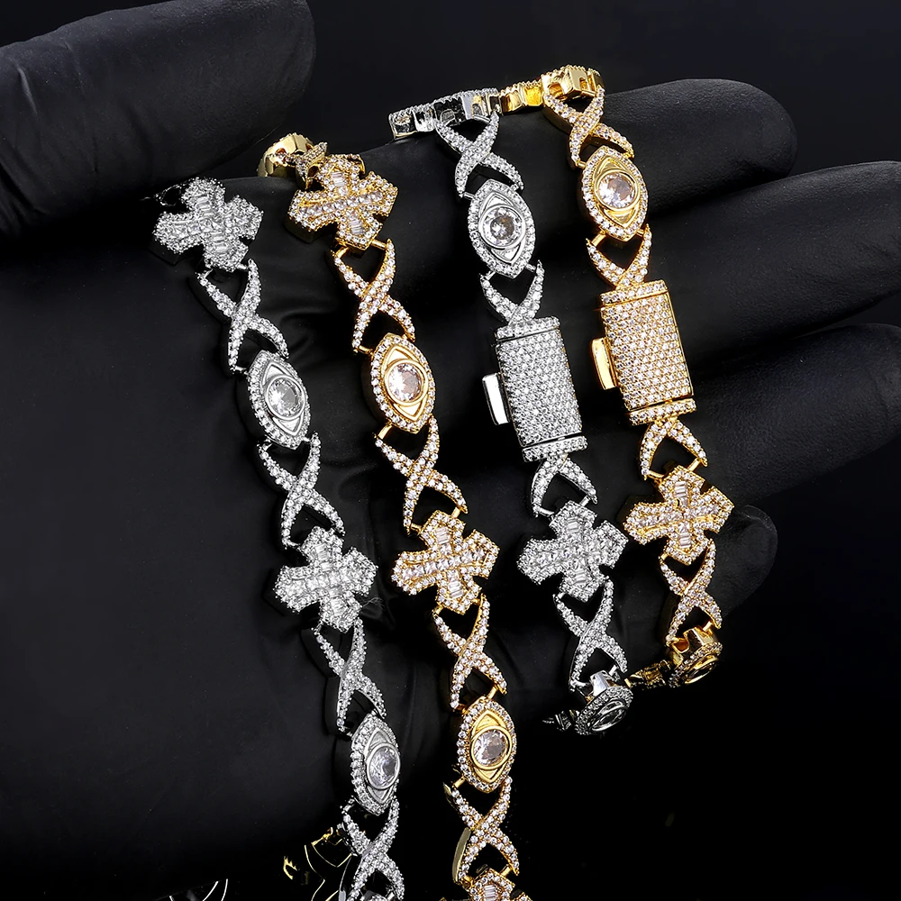 

NY Christmas Gift 15mm Iced Unlimited Cross Eye Cuban Chain 5A Cubic Zirconia Hip Hop Style Men's and Women's Jewelry Bracelet