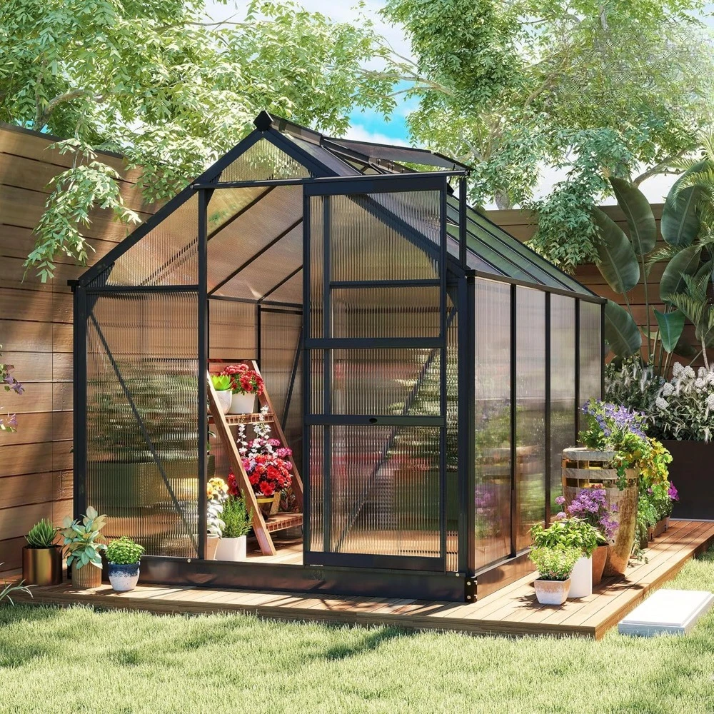 

6-foot X 8-foot Outdoor Greenhouse, Made of Polycarbonate, with Rain Gutters and Roof Vents, Aluminum Walk-in Greenhouse