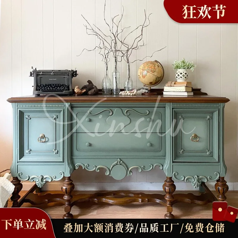 French retro contrasting color solid wood dining side cabinet integrated storage cabinet against the wall living room decorative