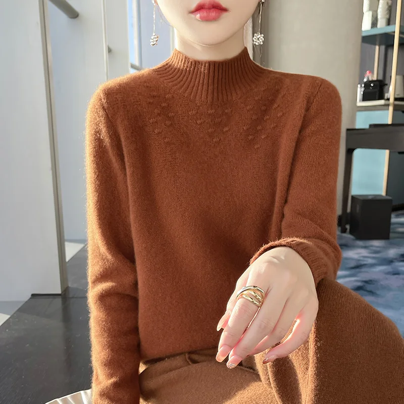 LDZWSM  Women Solid Half High Collar Cashmere Sweater Autumn Winter Loose Plus-Size Knitted Wool Casual Sweater Bottoming Shirt