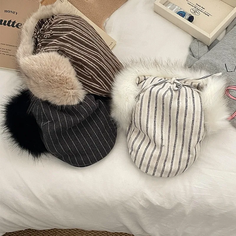 Japanese Trend Imitation Fur Forward Hat Winter Street British Striped Plush Ear Protection Warm Bomber Hats for Men and Women