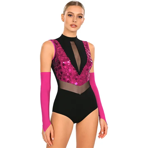Imagen 2 del producto Leotardo de baile con lentejuelas para mujer, gimnasia, patinaje artístico, traje de actuación de baile de Ballet, mono de malla transparente con guantes, Ropa de baile