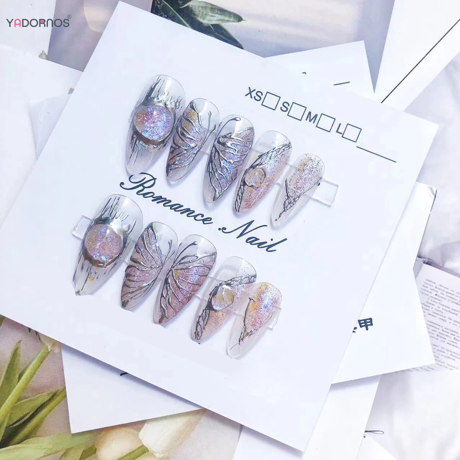 Kuku palsu buatan tangan, 10 buah kuku palsu buatan tangan dengan desain kupu-kupu perak, logam berat Almond, tekan pada kuku Glossy, kuku palsu yang dapat dipakai untuk wanita