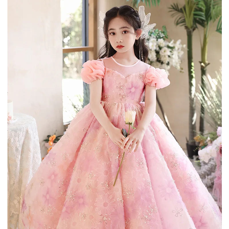 Sequin Children Evening Dresses for Girls 3-10Years Kids Birthday Party Luxury Ball Gown Wedding Prom Formal Pink Flower Dress