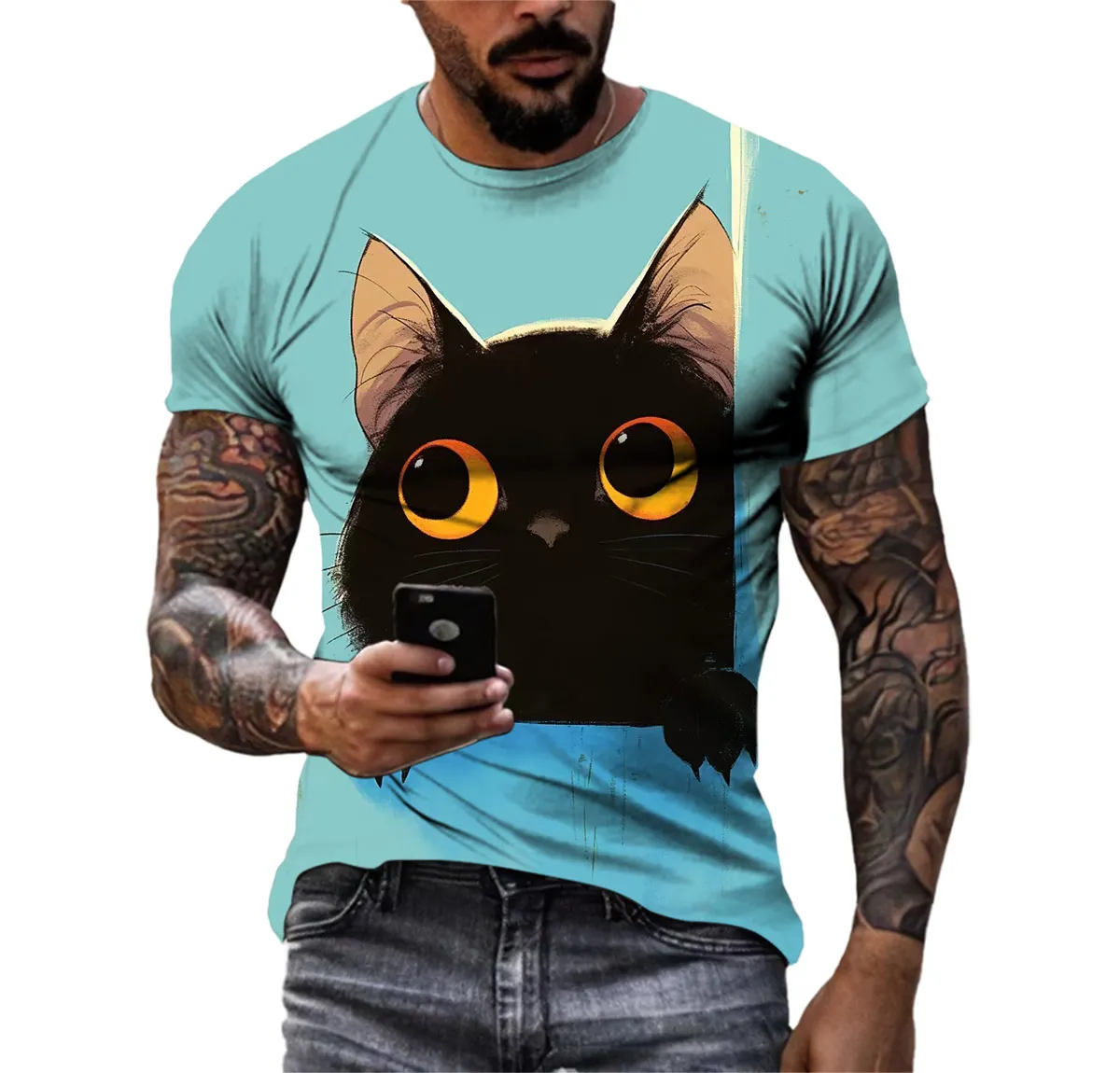 Summer Fashion Casual Cartoon Cat Graphic T-shirt For Men New Funny Anime Pattern 3D Digital Printing Round Neck Harajuku Tees