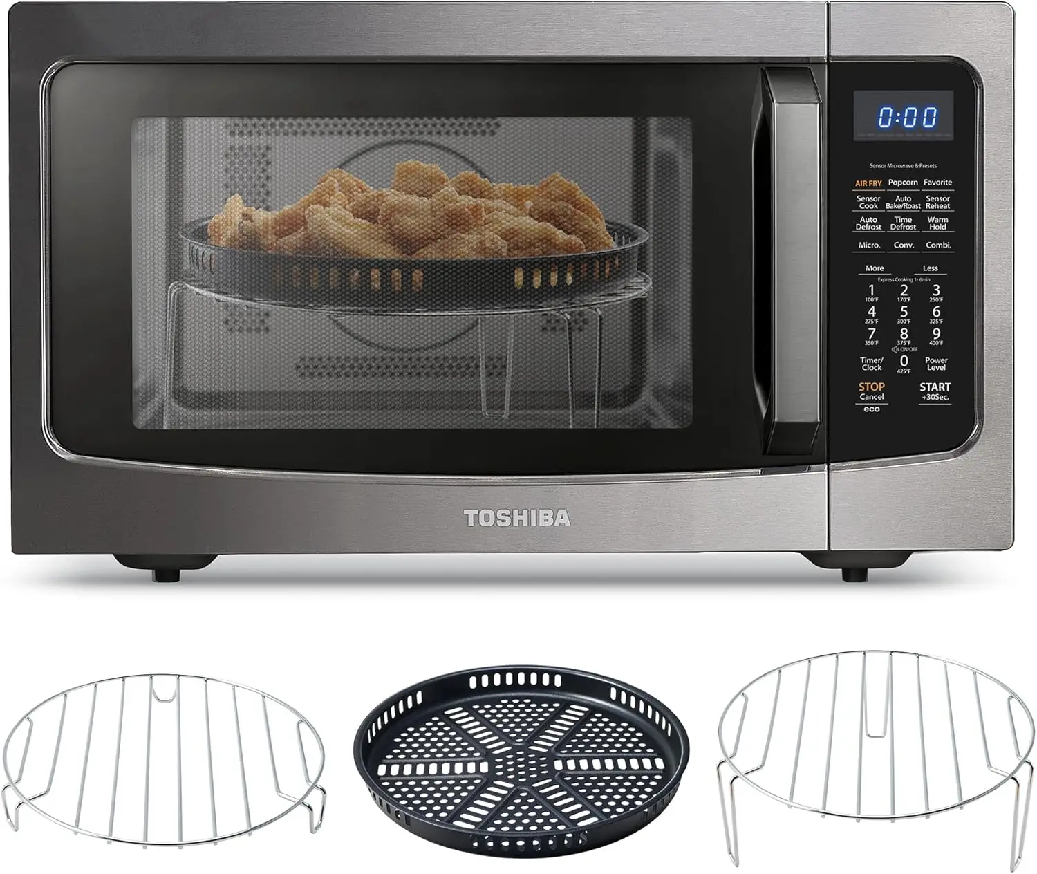 4-in-1 Countertop Air Fryer Microwave Oven, 1.5 Cu Ft 1000W, Convection, Smart Sensor with Mute Function & Position Memory, 13.6