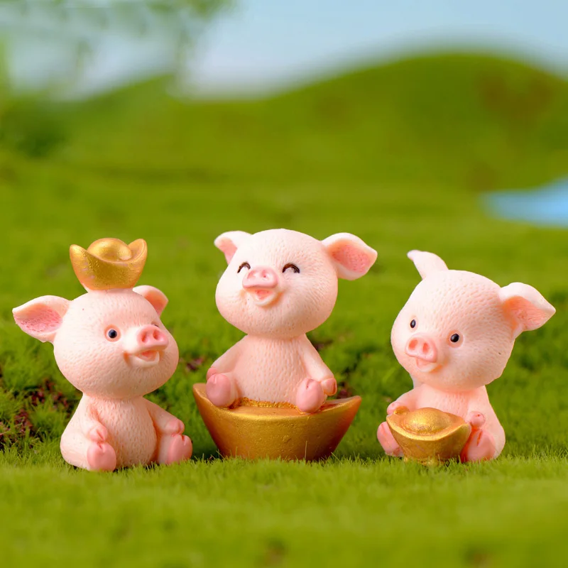 2pcs Gold Piggie Money Pig Miniature Figurine Animal Model Home Car Decor Garden decoration Landscape Accessories Resin Craft