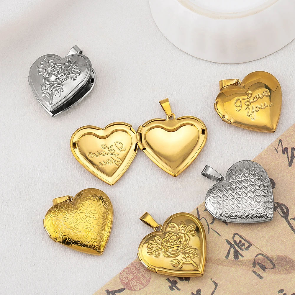Stainless Steel Relief Folding Pocket Watch Heart Round Oval Pendant Base Frames Blank Bezel DIY Charm Necklaces Jewelry Making
