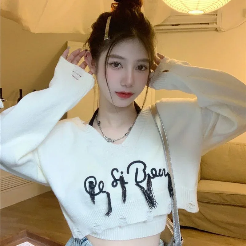 

Women Sets Pullovers Letter Embroidery Cropped Свитер Korean Style Casual Knitted Tanks Halter All-match Summer Chic Топ Женский