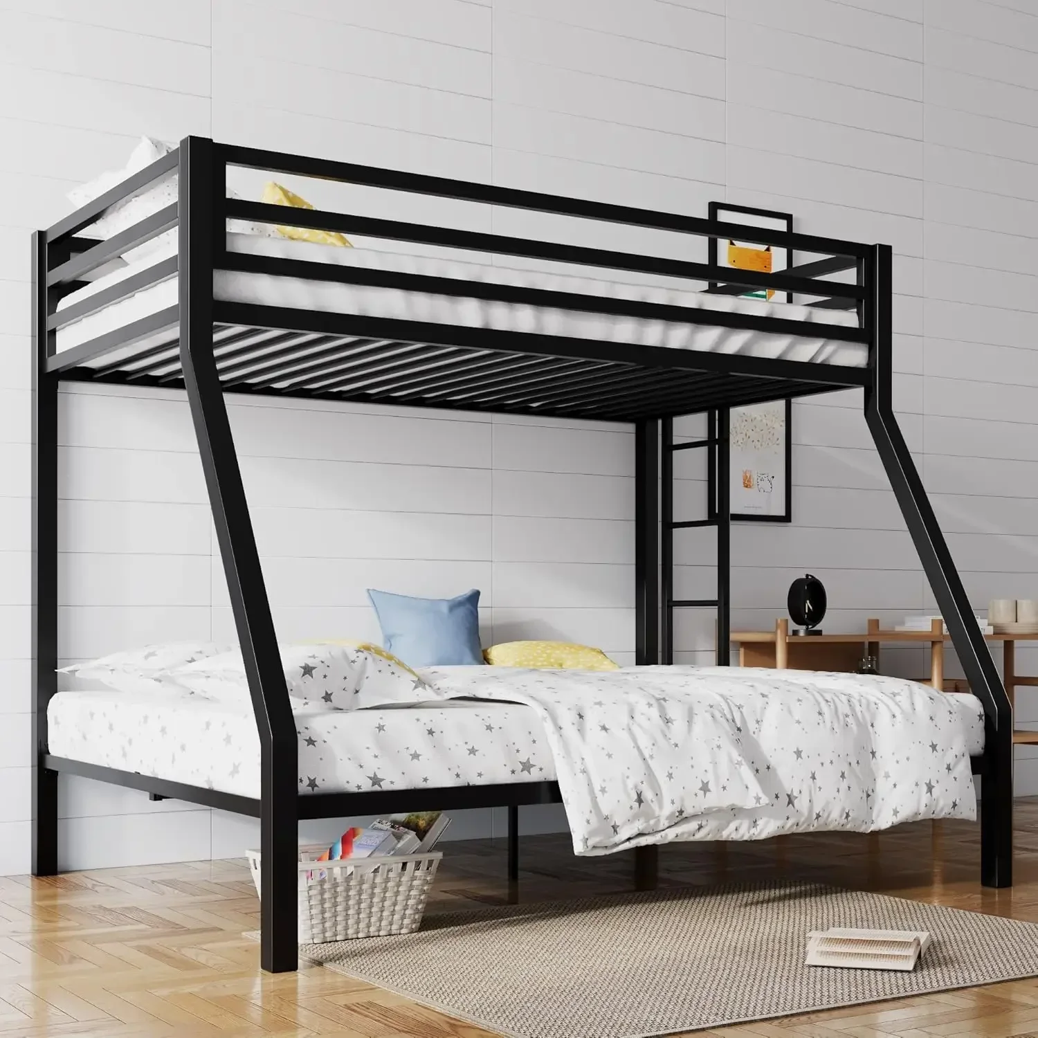 SHA CERLIN Loft Bunk Bed Twin Over Full Size with Ladder and Guardrail,Heavy Duty Metal Slats Support No Box Spring Needed Small