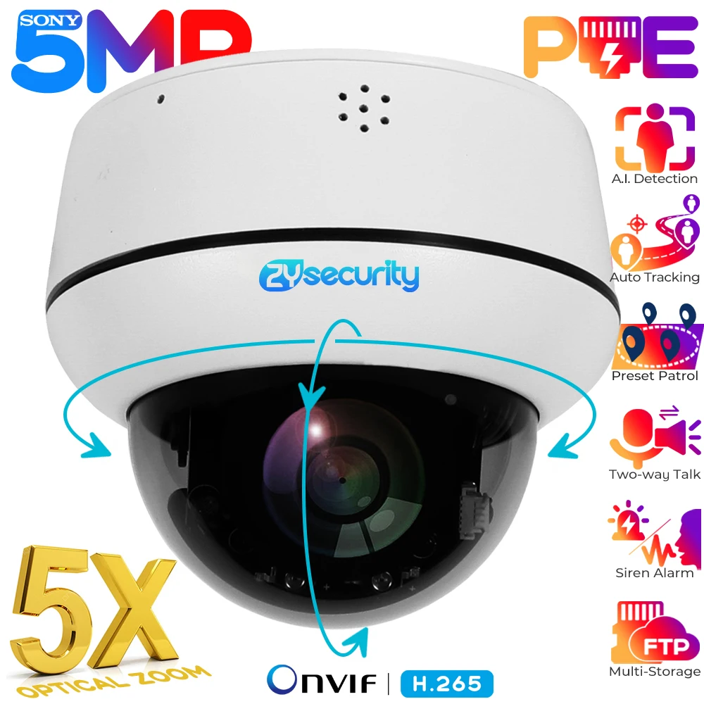 

5MP PTZ PoE 5X Optical Zoom Security Camera Outdoor Dome IP Camera Indoor Humanoid Tracking IR Night Vision 2-Way Audio CCTV Cam