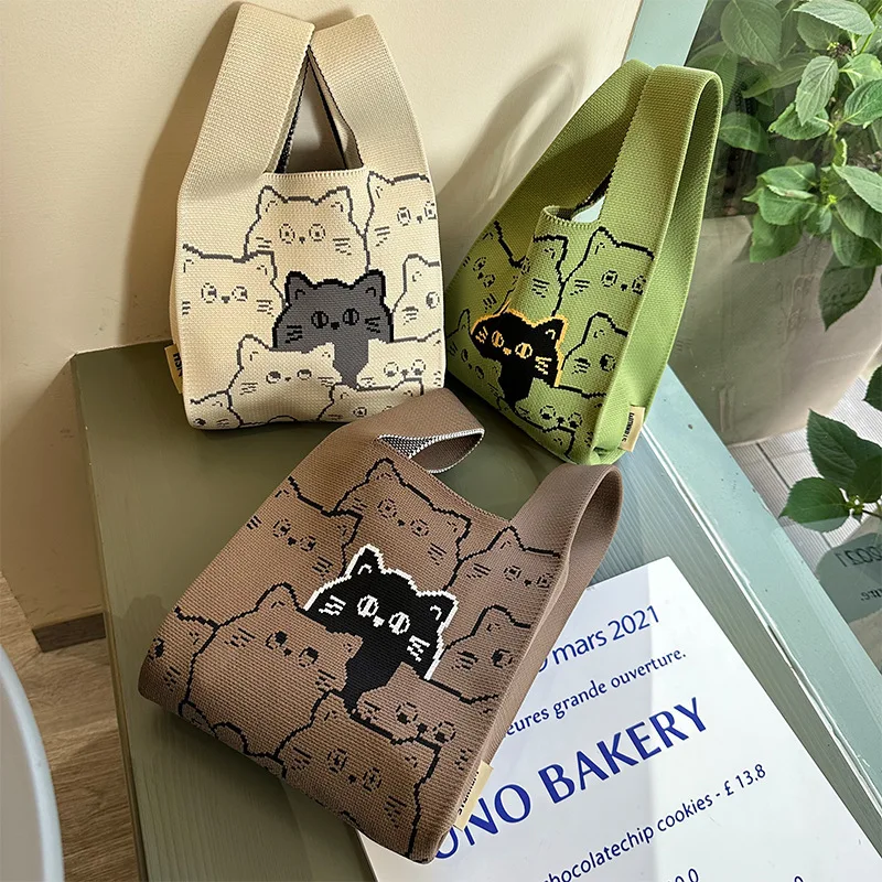 

Cute Little Cat Knitted Vest Handbag Cartoon Convenient Handbag Wrist Bag Large Capacity Tote Bag Trendy Women's Commuting Bag