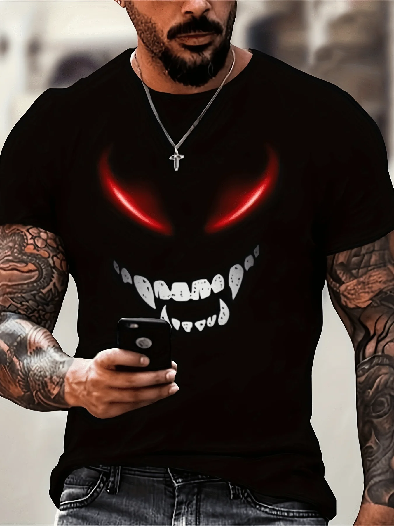Short Sleeve Crew Neck Casual Top with Devil Face & Smile, Loose Fit for Daily Wear, All-Season