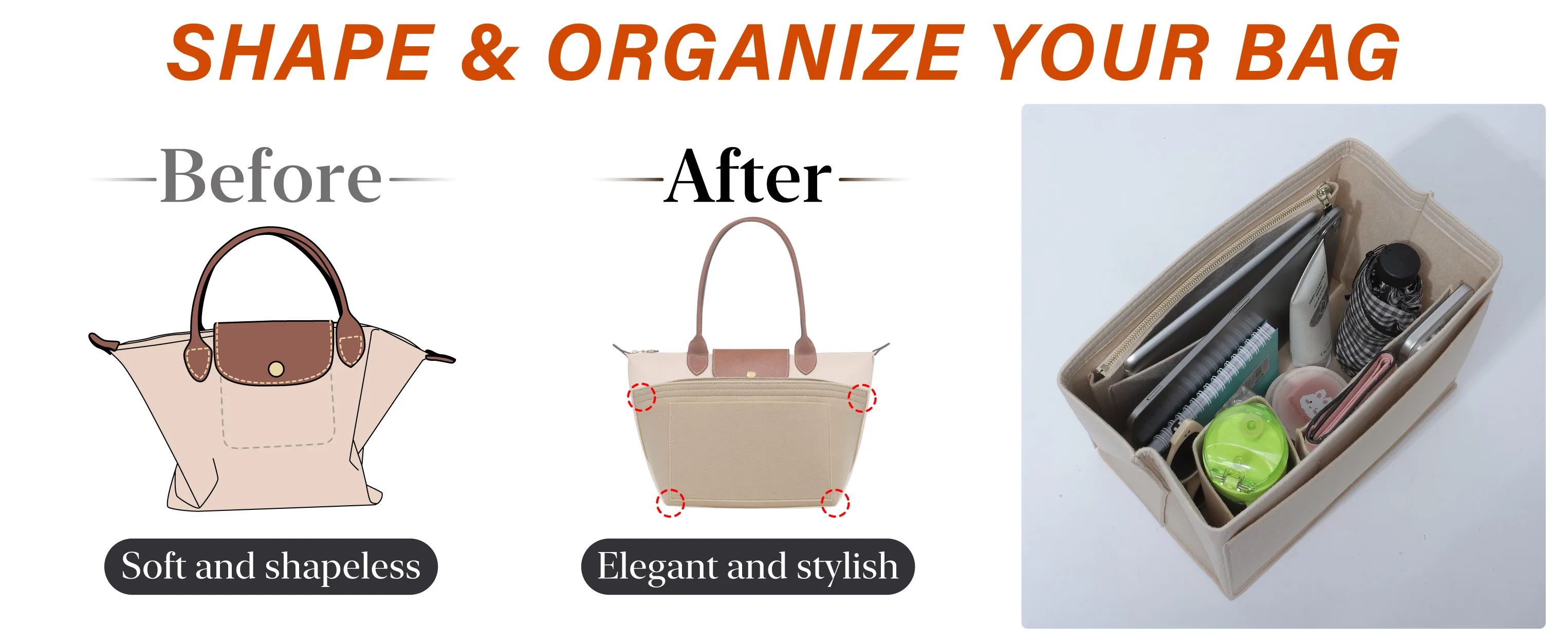 Felt Organizer Insert Compatible with Longchamp Le Pliage Large Handbags, Felt Longchamp Organizer Insert with Cup Holder