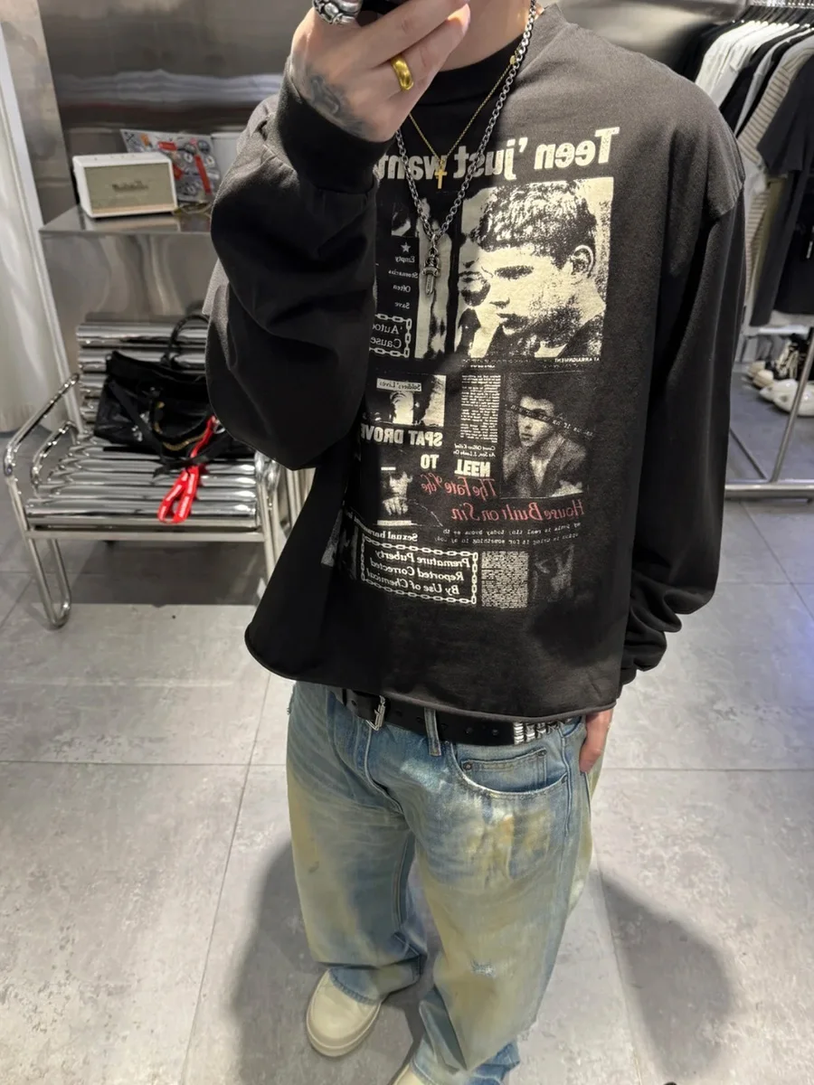 Depressed Rich Second Generation Street Fashion Retro Print Heavy Washed Autumn Winter Long Sleeve Men's T-Shirt Breathable C...