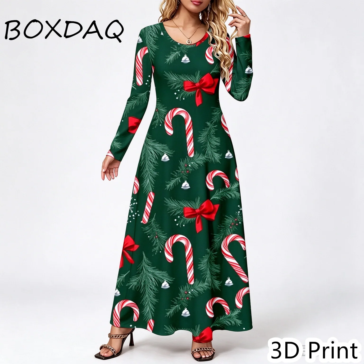 Autumn Winter Women Christmas Party 3D Printed Maxi Dress Long Sleeve Crew Neck Loose A-line Dress Casual Elegant Daily Wear