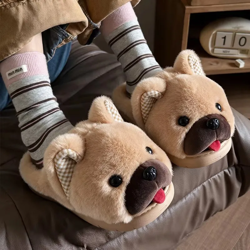 Women Cute French Bulldog Plush Slippers Brown Fluffy Half Open Slides Winter Warm Non Slip Thick Sole Animal Indoor Girls Gift